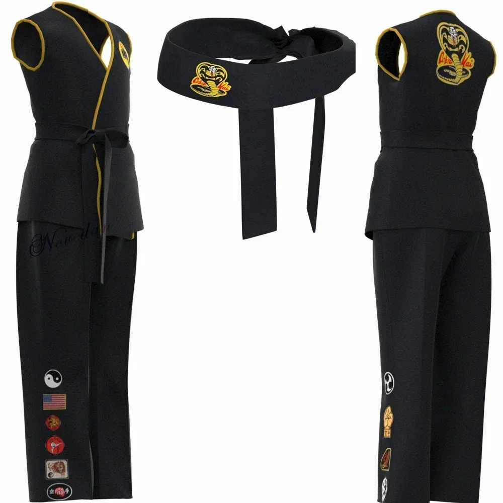 Karate Kids KOF Cobra Kai Cosplay Costume Kid Aldult Black White Kimono Uniform Headband Anime Halloween Party Suit Tracksuit view 5