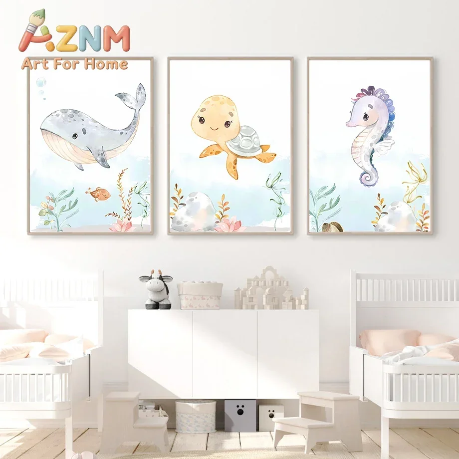 Watercolor Marine Animal Nursery Wall Art Canvas Painting Whale Octopuse Turtle Posters And Prints Pictures Baby Kids Room Decor