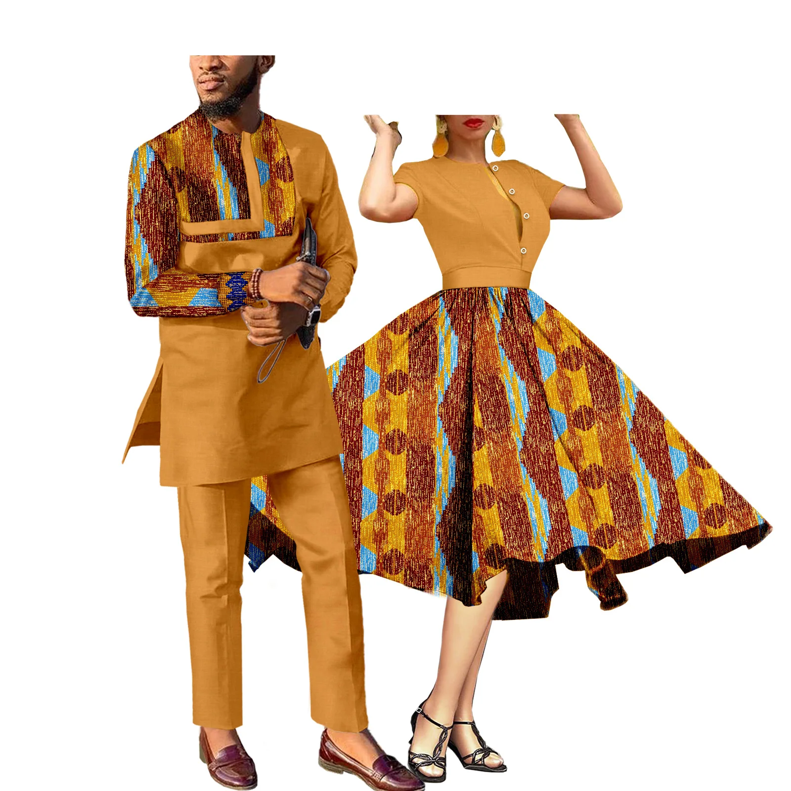 African Couples Women Print Wax Cotton Fashion Patchwork Hot Dress & Men 2 Pieces Shirt and Pants Sets