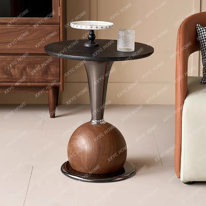 Walnut Wood Side Table  Minimalist Round Coffee Table Luxury Nightstand Retro Small Table