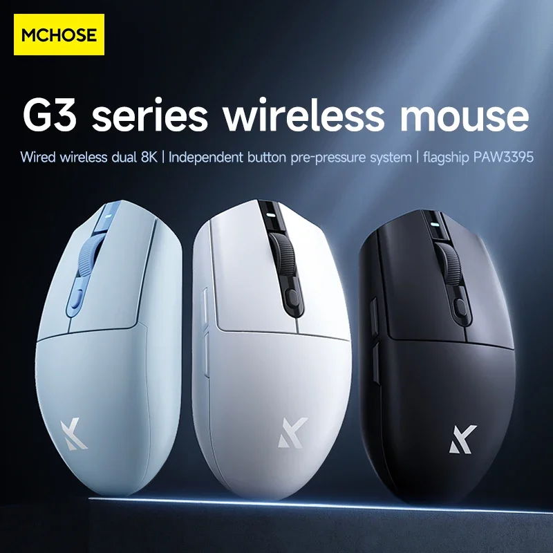 Mchose G3 Kabellose Maus 2,4 g Bluetooth 8K Gaming Büromaus Drei-Modus Leichtes Paw3395 Ergonomisches Design 26000 dpi 650ips