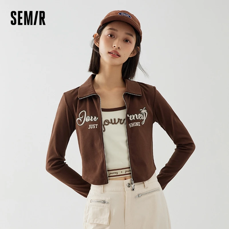 Semir 2023 Women T-shirt Long-sleeved Autumn New Short Style Tight Thin Letter Knitted Cardigan Retro Style T-shirt  for Women