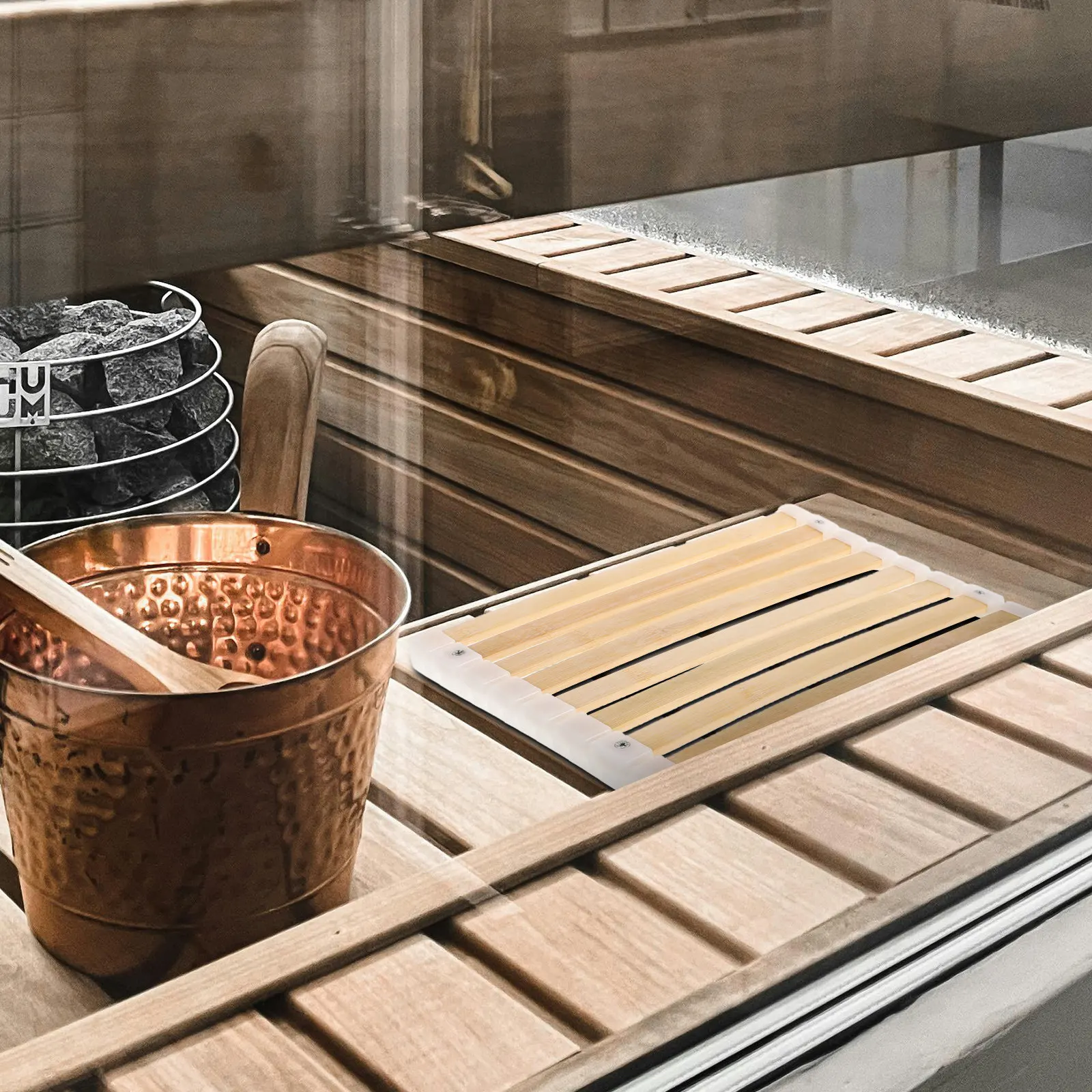 ベージュの竹製バスマット、手作りサウナクッション、浴室マット - Bamboo Bath Mat のレビューと価格