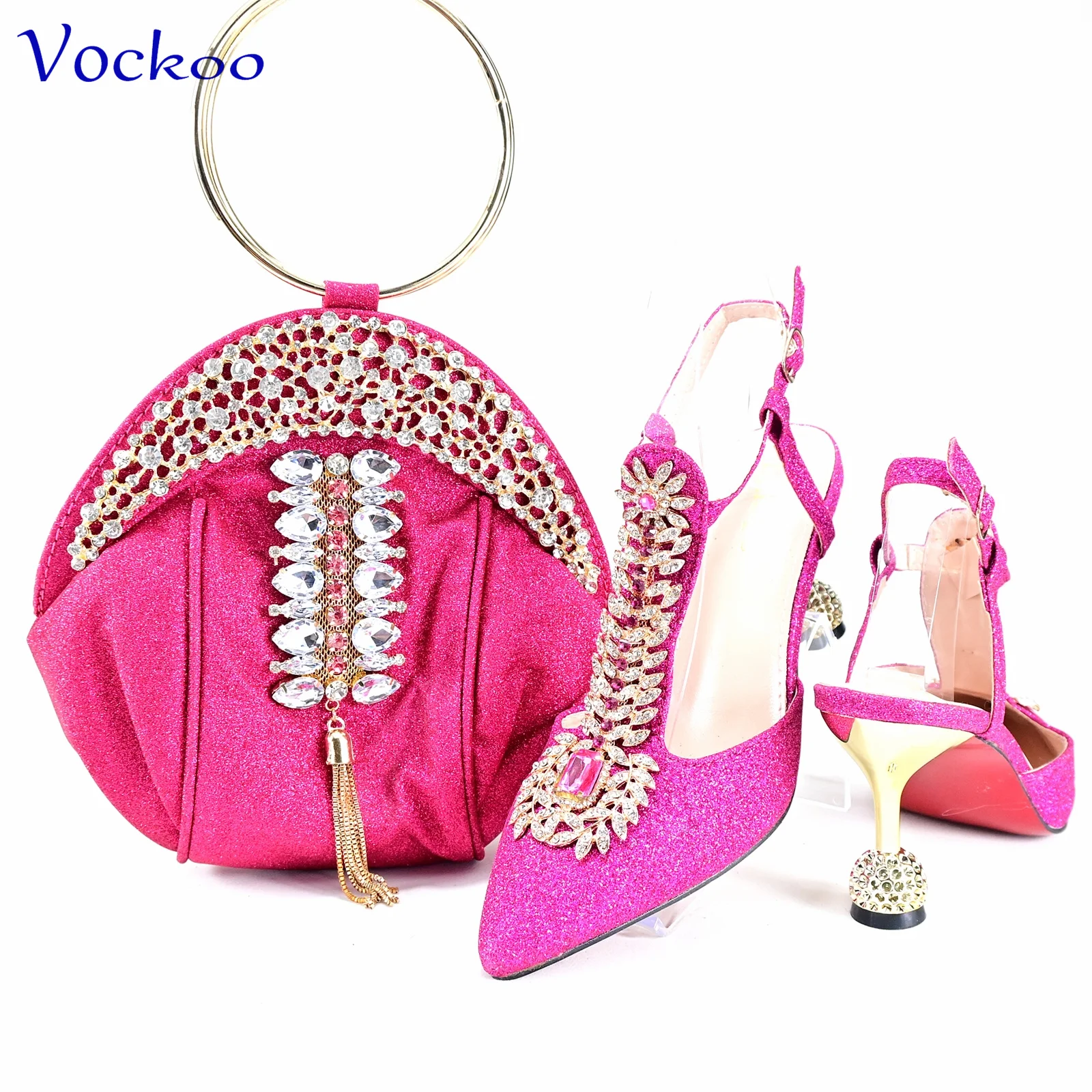 

Elegant Women Newest INS Hot Sale Italian Design Shoes Matching Bag in Fuchsia Color Classics Pumps with Shinning Crystal for Dr