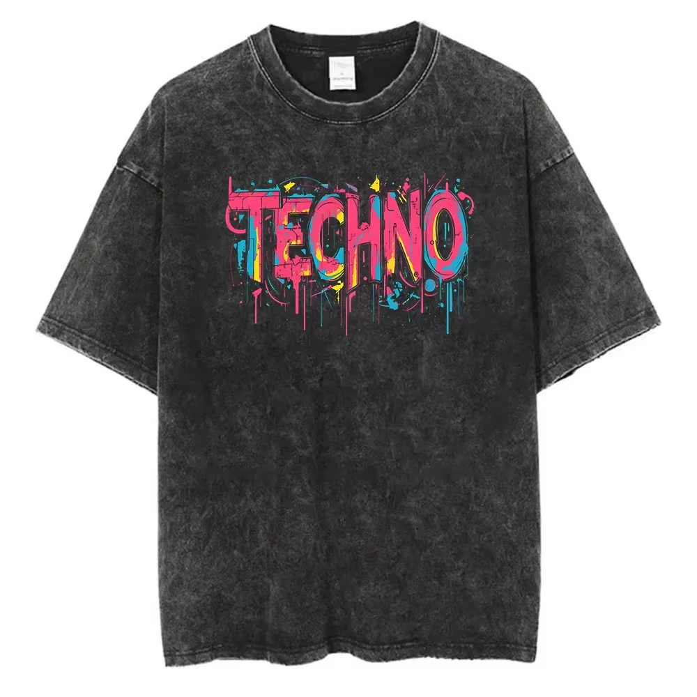 Techno Letter Print T-shirt Unisex Men Women Cotton Graphic Printed Short Sleeve Washed Acid Wash Retro Top Summer 2026 Hot Sale