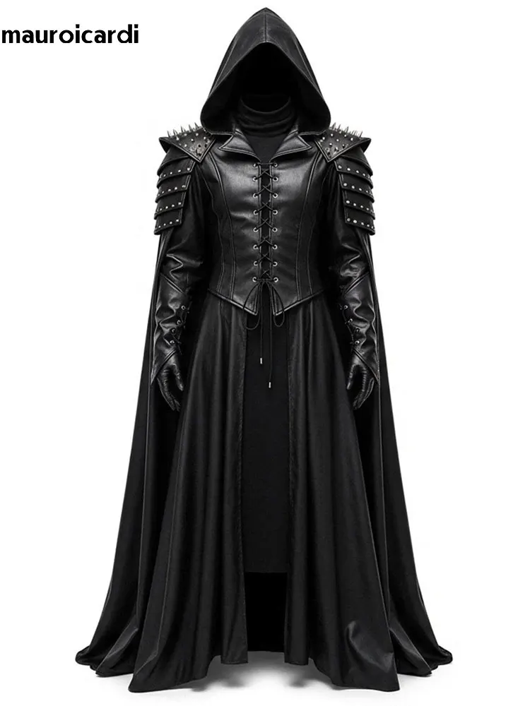 

Mauroicardi Spring Autumn Extra Long Studded Black Pu Leather Poncho Overcoat Men with Hood Medieval Lace Up Luxury Cloak