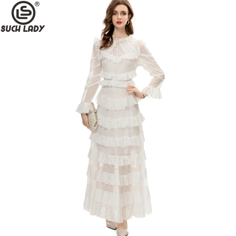 

Women's Runway Dresses O Neck Long Sleeves Tiered Ruffles Embroidery Lace Elegant Party Gown Prom Vestidos plus sizes