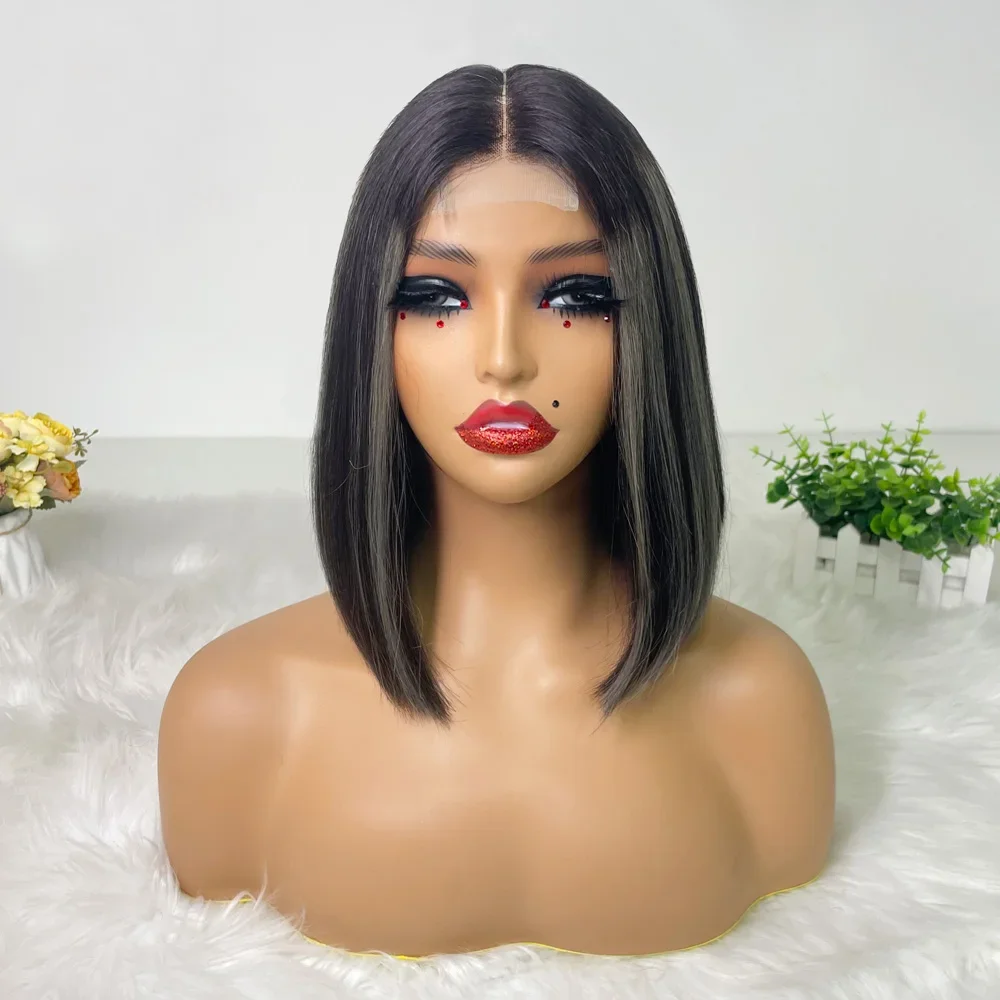 Perruque Bob Lace Closure Wig Kim K 2X6, grise, à reflets, pre-plucked, courte, lisse, densité 250, pour femmes