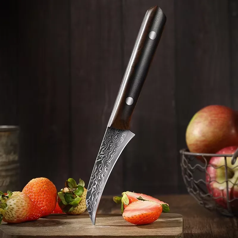 Cuchillo de fruta de acero inoxidable Damasco, cuchillo para pelar pico de pájaro, práctico cuchillo para pelar mango completo, maquinilla de afeitar afilada para teñir óxido Resi