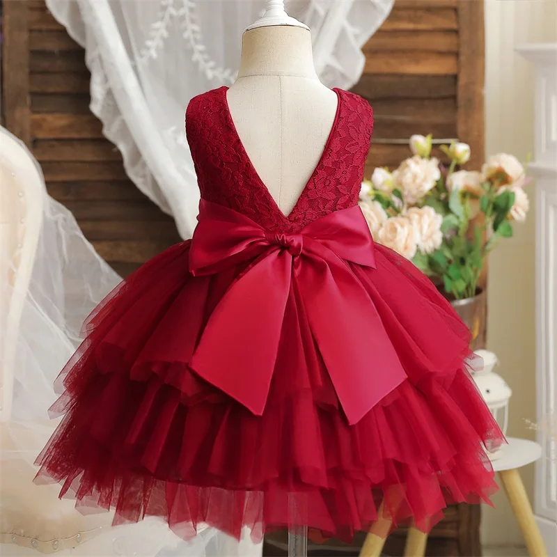 Flower Girl Dresses for Wedding Kids Lace Backless Tulle Tutu Princess Prom Party Clothes Baby 1st Birthday Baptism White Dress