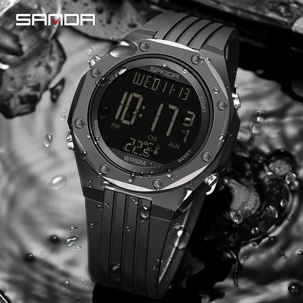 

SANDA 6028 New Fashion trends Thermometer Environment Single Core Display Alloy Case Digital Electronic Men's Watches 2024