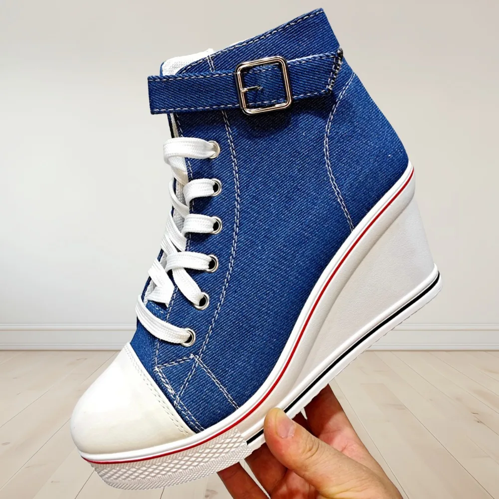 Denim Blue Women\'s Ultra Light High Top Canvas Sneakers Hidden Invisible Heel Wedge Shoes Casual Breathable Platform Sneakers