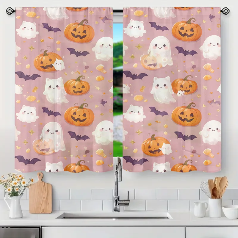 Cute Halloween Window Curtains Drapes Ghost Pumpkin Bat Design Seasonal Fall Autumn Sheer Lightweight Living Room Decor Panels