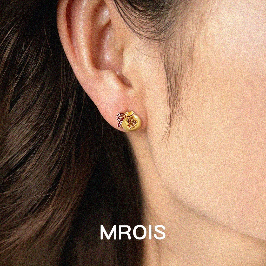 Original 18K real gold plated small pomegranate lucky bag zircon stud earrings niche national style new Chinese light luxury hig