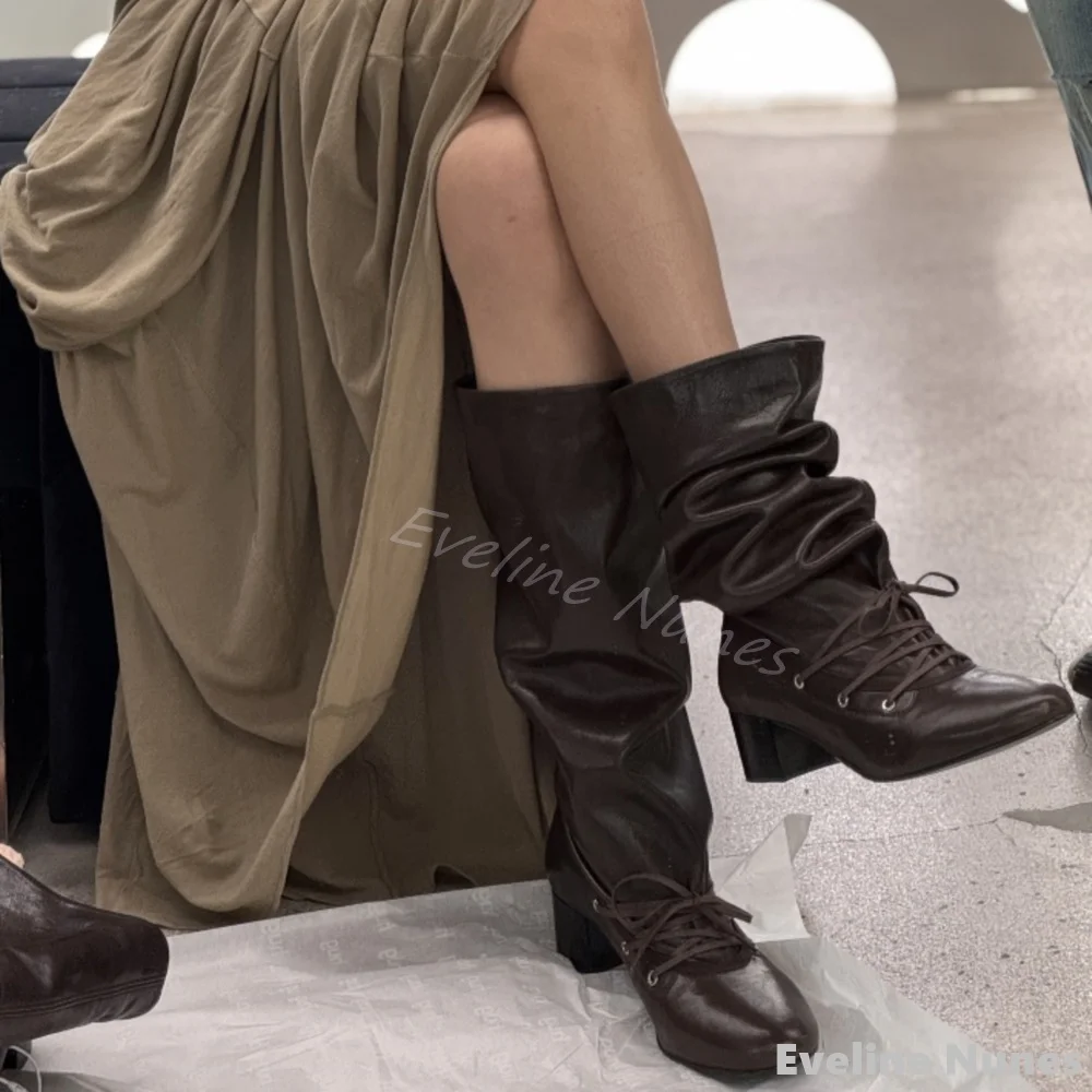 

Коричневые модные ботинки в стиле ретро, женские кожаные ботинки без шнуровки с круглым носком на массивном каблуке и перекрестной завязке, новые осенние универсальные рыцарские сапоги