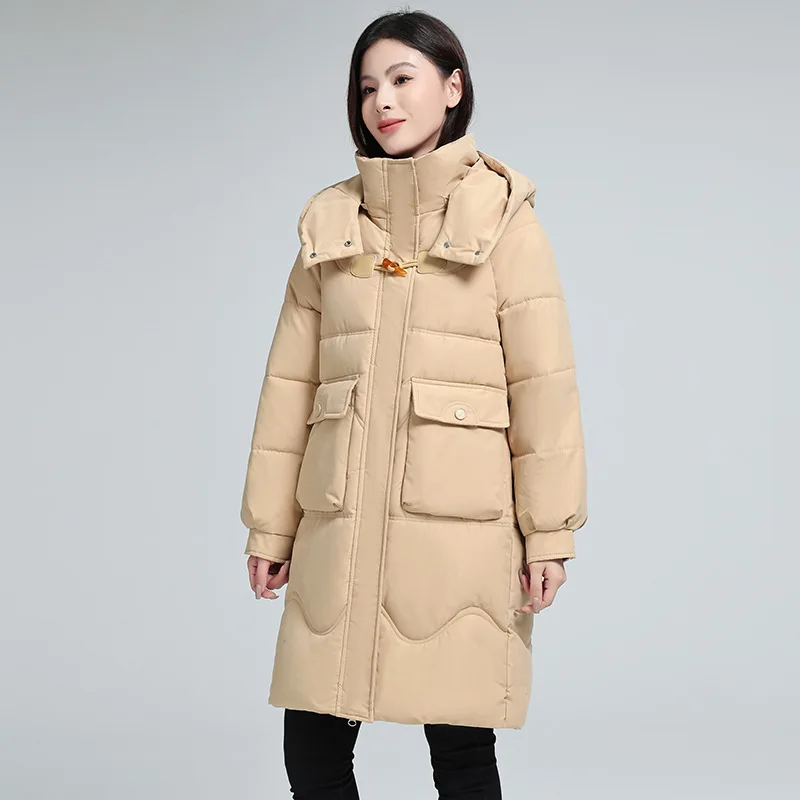 Winter White Duck Down Jacket Women Warm Mid-length Down Jacket Fashion Cow Horn Buckle Hooded Loose Thicked Women's Jackets