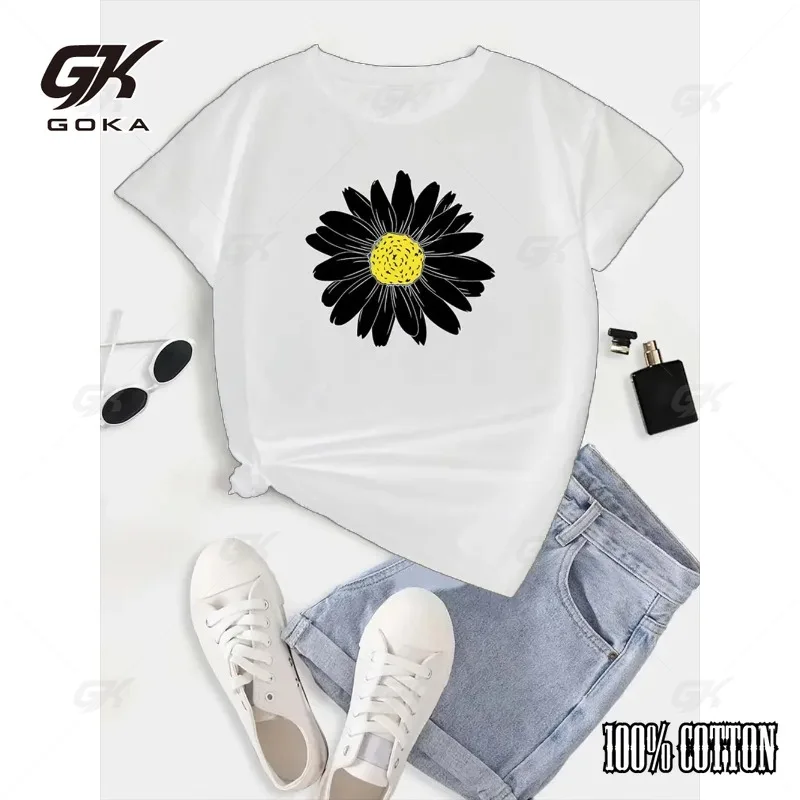 Cute Daisy Print Short Sleeve Cotton T-shirt Women's Flower Slight Stretch Round Neck Breathable Casual Tee Female Clothing Tops