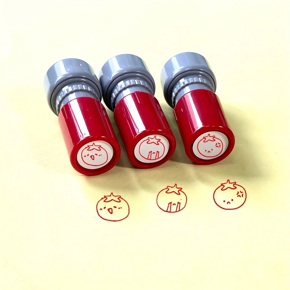 3 Carimbos de Emoticons de Tomate Pequenos, Zangados, Tristes, com Lágrimas, Carimbos Circulares Fofos para Professores