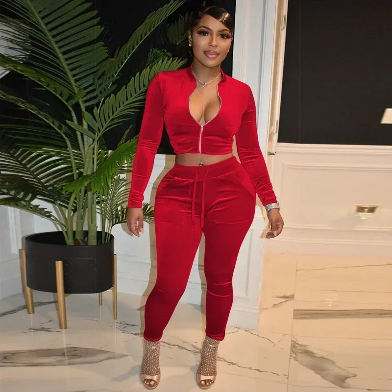 

GUWU Velvet Solid Tracksuit Women Autumn Winter Zipper Long Sleeve Crop Top + Pants Skinny Two Piece Set Casual Sport Outfits