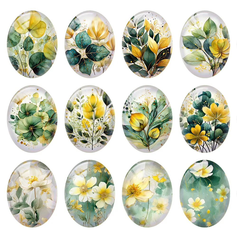 

10pcs/lot Oval Photo Glass Cabochon Flower Leaf Flatback Spring Charms Demo Flat Back Cameo For Diy Jewelry Making Accessories