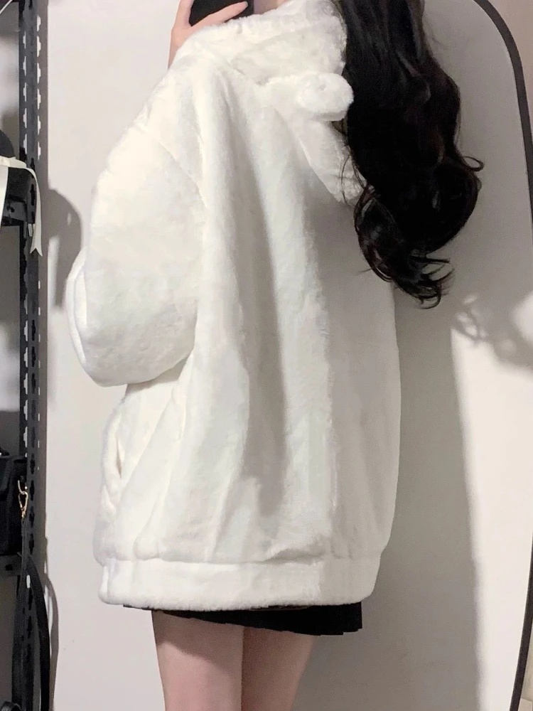 Japanese Style Kawaii Fluffy Coat Y2k Women Aesthetic Fairy Grunge Jacket Warm Outwear Ber Ear Hooded White Jackets Cute Top 90s