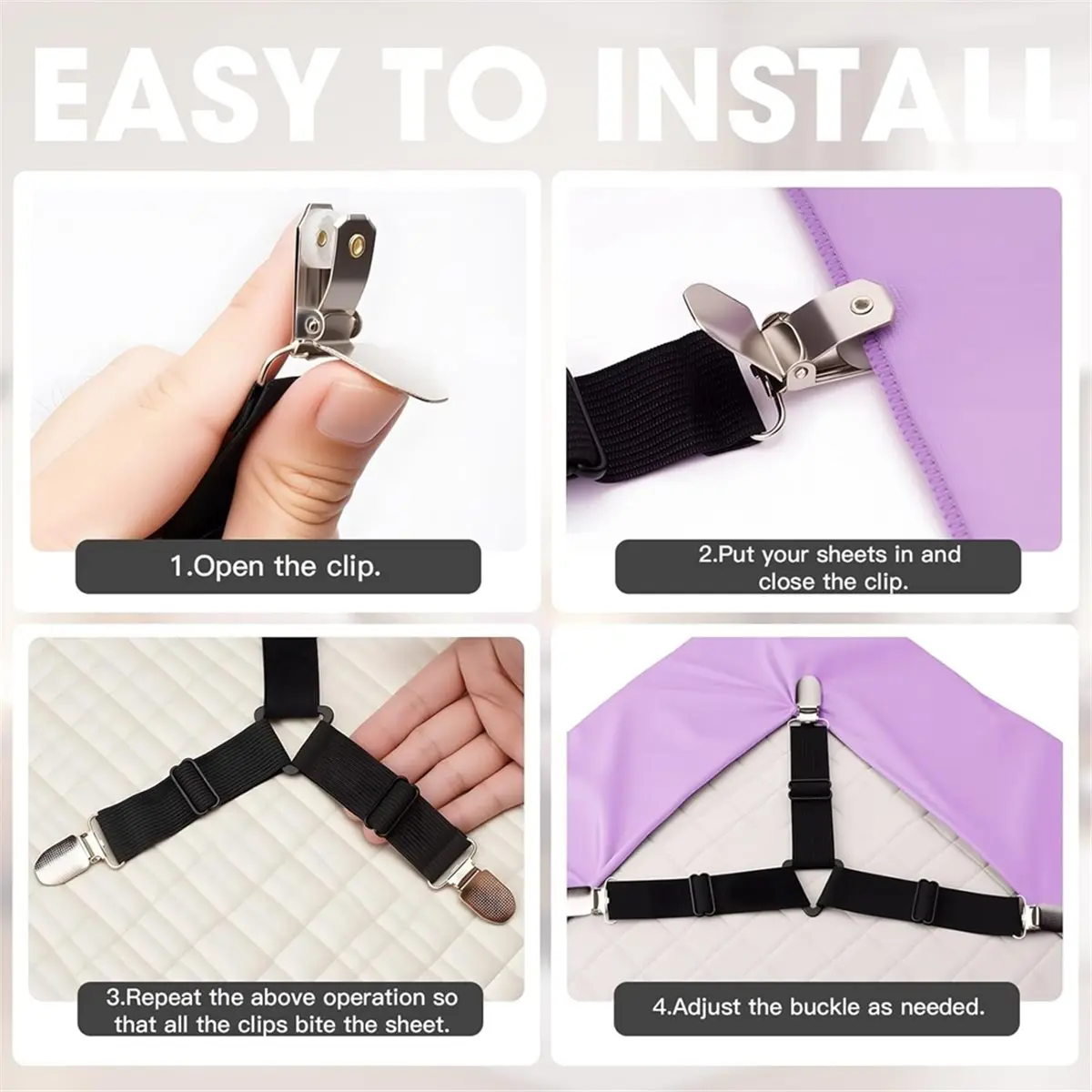 12 Stück Bettlakenhalter, sichere und verstellbare Spannbettlakenhalter für Doppelbetten, Queen-Size-Betten und mehr, robuste Nylon- und Metallclips