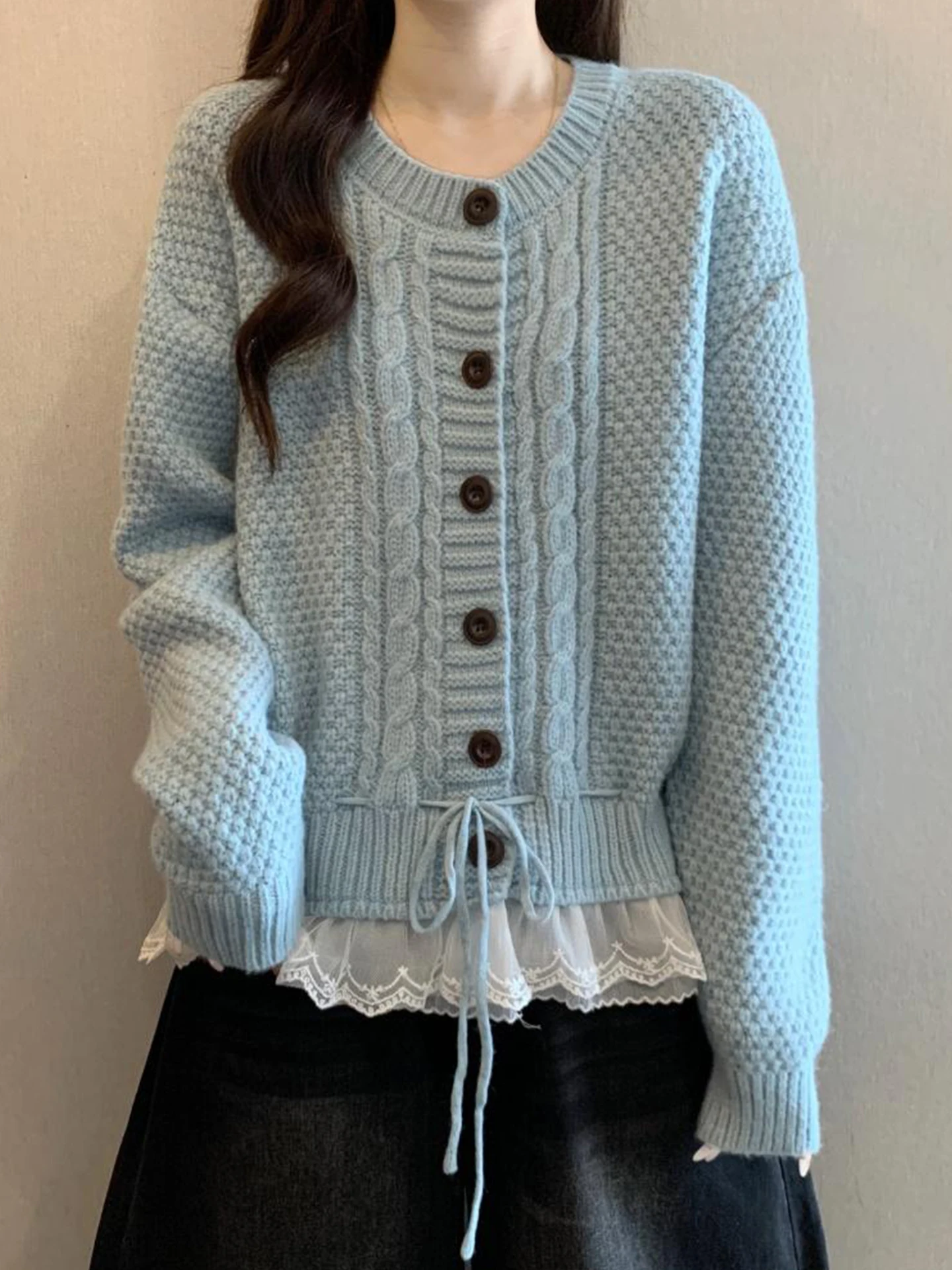 

Новый Весенний Женский Вязаный Кардиган с Синими Кружевными Вставками, Уютный, Мягкий, Свободного Кроя, с Длинными Рукавами, Больших Размеров