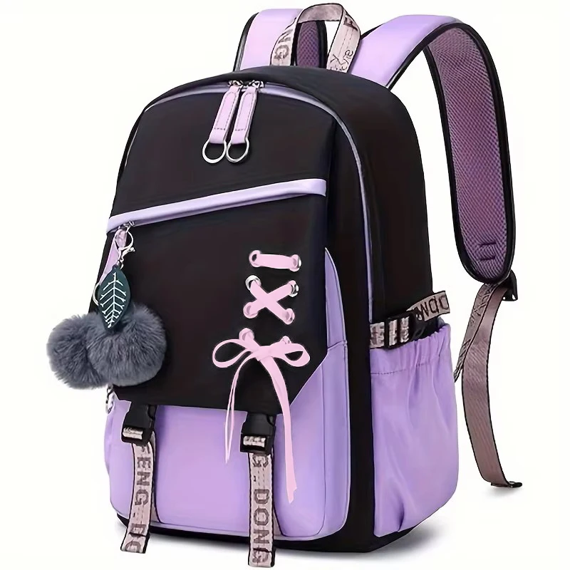 Mochila escolar de gran capacidad con bonito colgante de felpa, mochila bonita para niñas, mochila de tela de nailon impermeable para niños, adolescentes y estudiantes