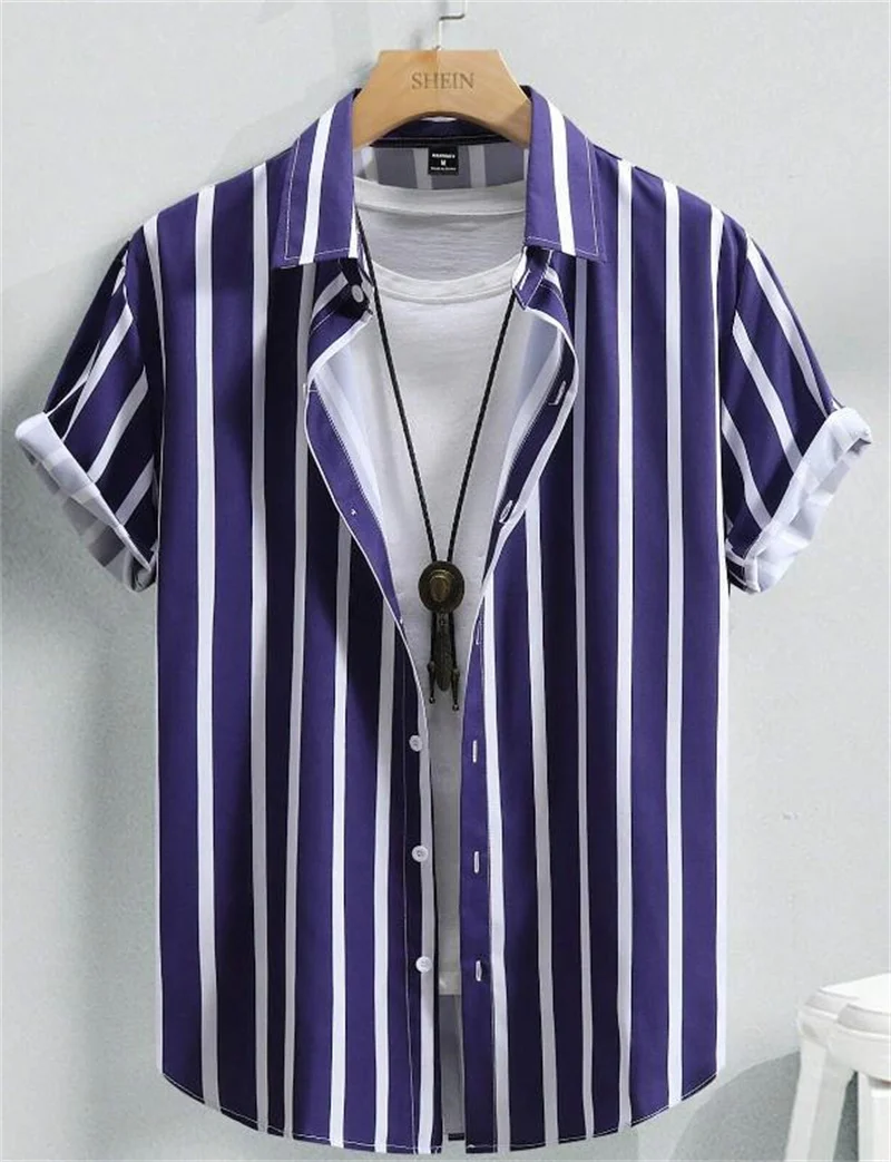 Mens stripe pattern print lapel shirt with short sleeves and button down sash,classic and stylish tops spring summer casual fash