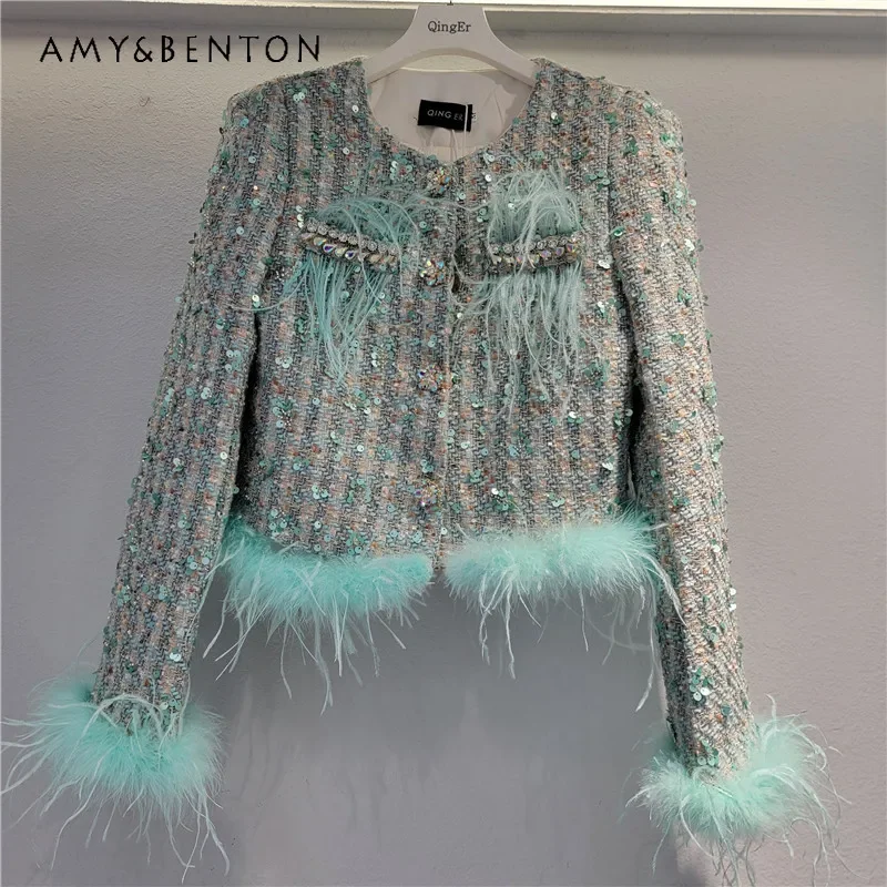 

Heavy Industry Bead Fashion Tweed Thickened Jacket Women Commuter Style Versatile High End Ostrich Hair Splicing Short Jackets