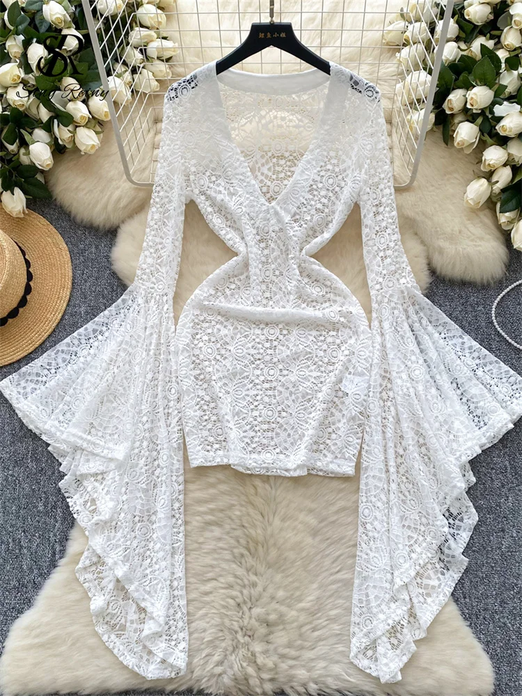 SINGREINY Lace Hollow Out Sexy Dress Flare Sleeve V Neck Slim Short Dress  2024 Fashion Club Female Bodycon Sheer Midi Dress - AliExpress