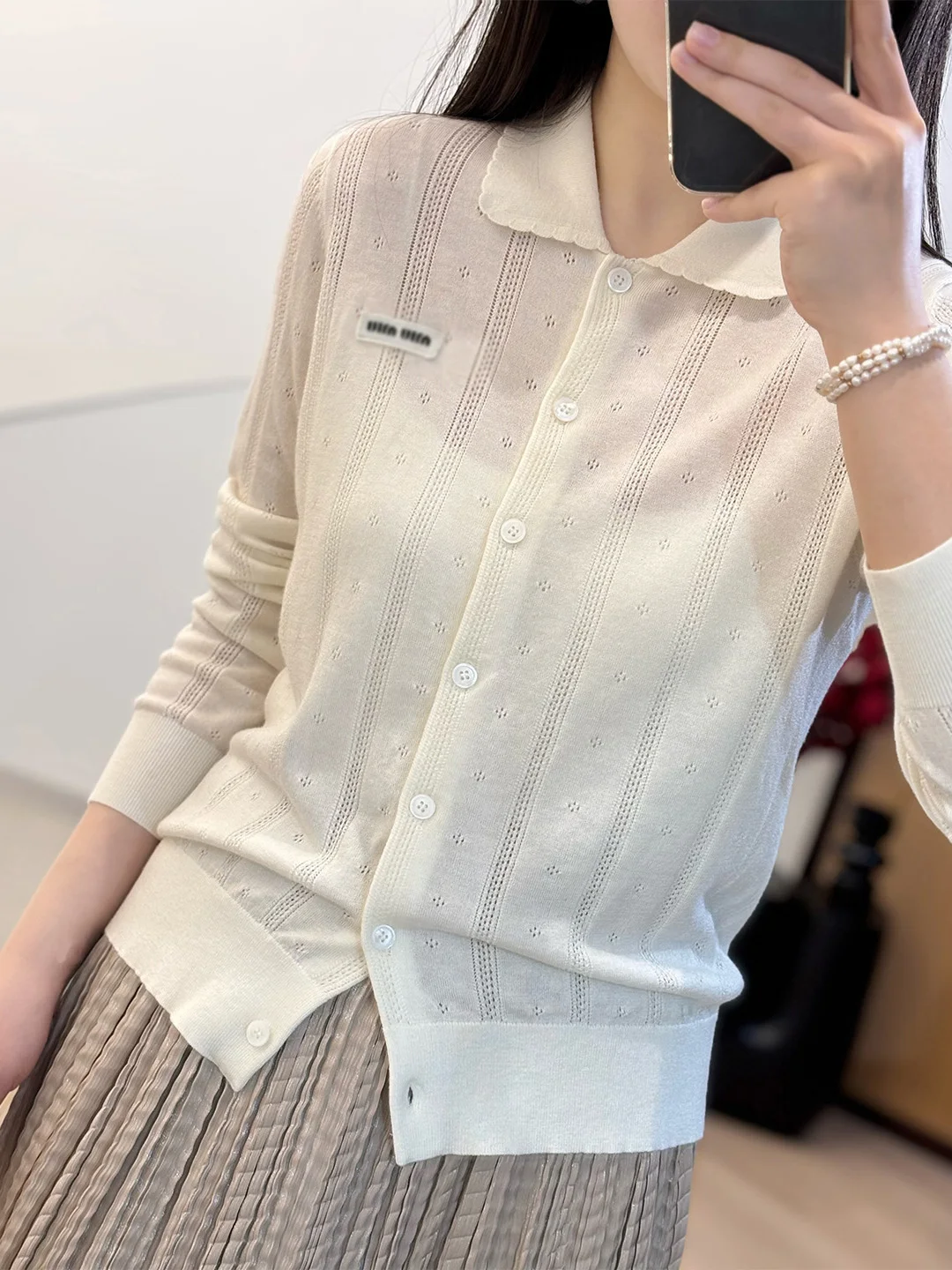 

Petite Sweet Style Miu Series Spring Summer Hollow out Woolen Knitted Sweater Soft Casual Fashion Letter Print Long Sleeve Ca...