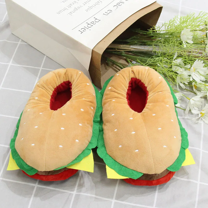 

New unisex novelty burger slippers women's cute plush hamburger home shoes woman funny slides heel wrapped slipper winter loafer