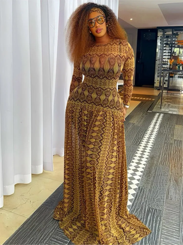 

A-line Dress Vestidos Round Neck Dresses 2025 Woman Printed Long Sleeves Slim Tighten The Waist Temperament Elegant Commuting