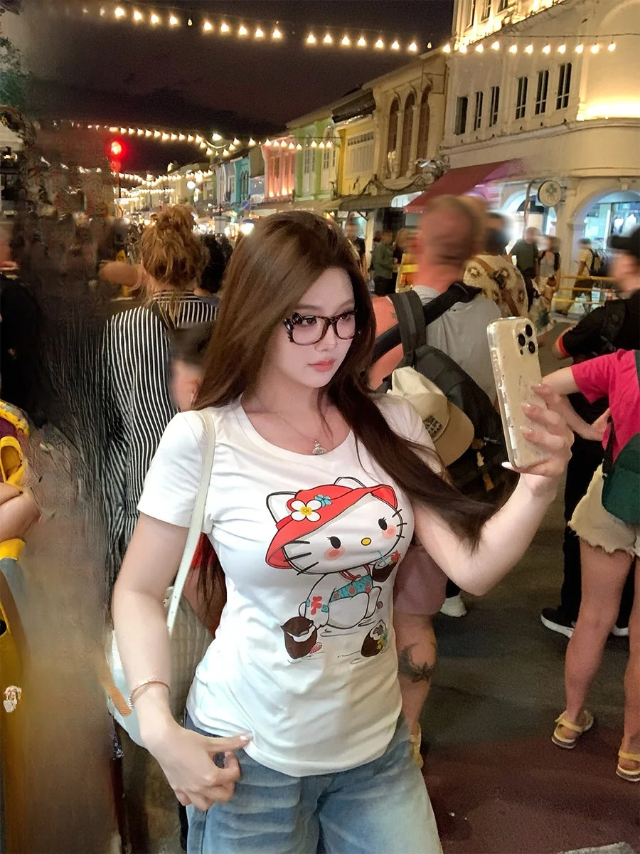

Katie Kitty Print T-Shirt Women's plus Size Cute Slimming Short Sleeve Top Breathable Casual Loose Fit Summer Fashion