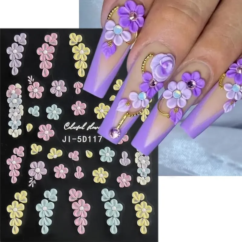 5D Embossed Floral Nail Art Stickers Five Petal Flower Butterfly and Spring Flower Designs False Nail for Nail Decoration DIY