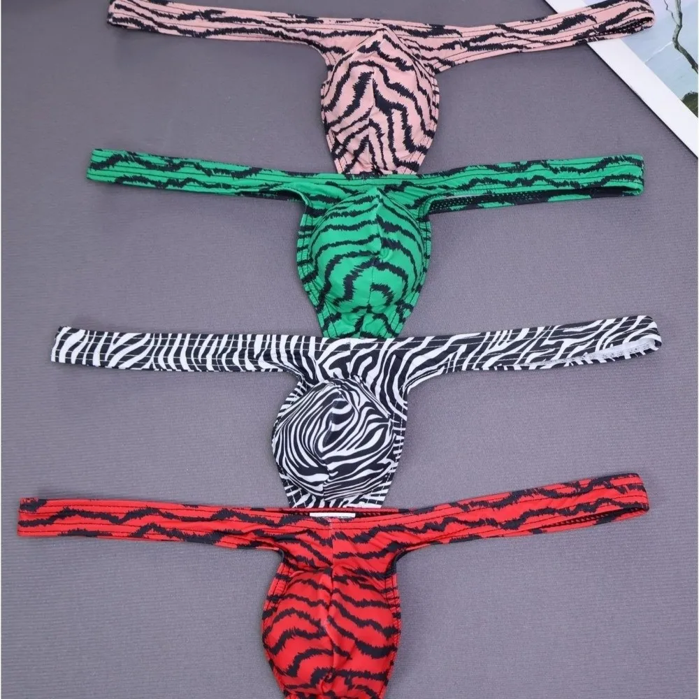 Breathable Low Waist Tiger Stripe Thong Lingerie Bulge Pouch T-back Panties Ice Silk Elastic Underwear Men