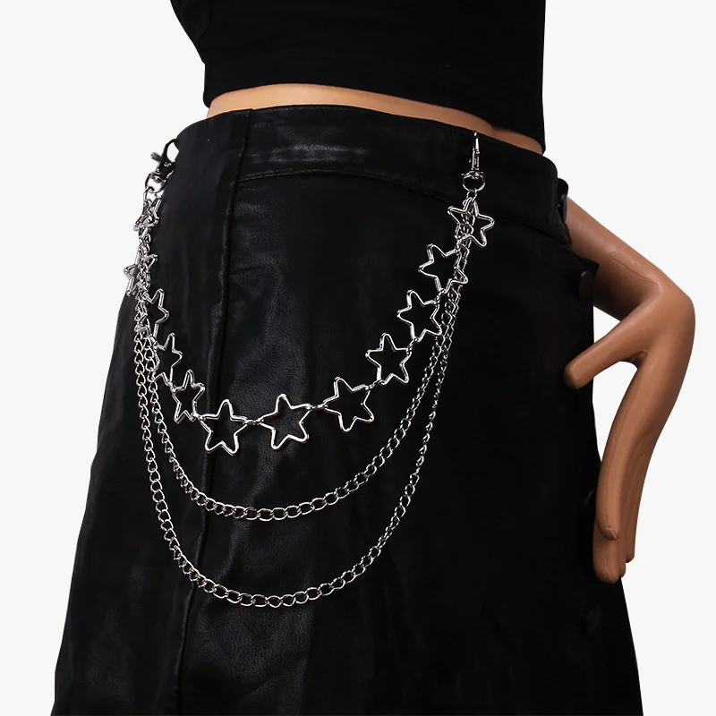 Metal Punk Steet Layered Chain Hollow Star Keychains For Women Men Waist Key Wallet Jeans  Pants Belt Chains Jewelry Accessories
