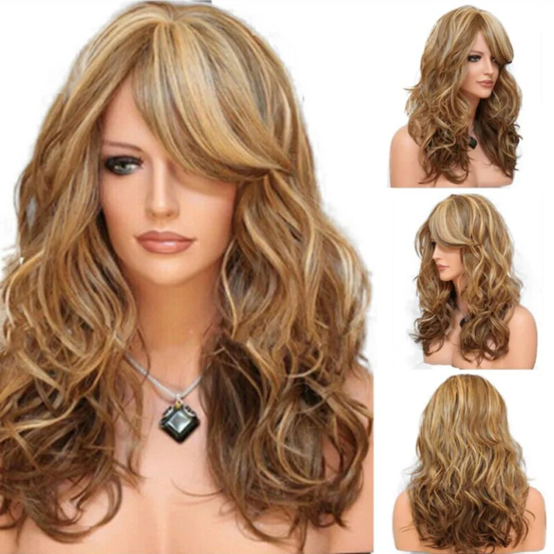 Long Wavy Cosplay Daily Wigs Ombre Brown Golden Blonde Wig with Bangs for Women