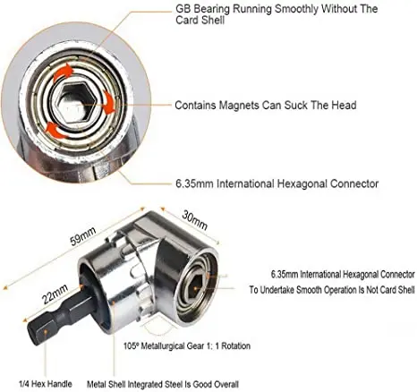1/4 ''105 grados taladro de ángulo recto + 1/4 barra de extensión vástago hexagonal portapuntas de destornillador + Impacto hembra Flexible ángulo extensión de broca