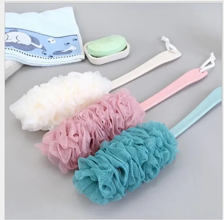 Plastic Bath Flower Scrubber Bath Ball Long Handle Bathing Brush Soft Bubble Gauze Mesh Rubbing Back Shower