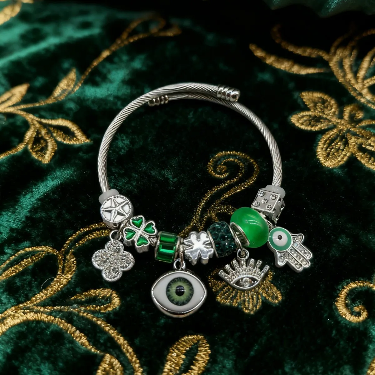 

Stainless Steel Bracelet with Devil's Eye And Four-leaf Clover God's Hand Bead String Jewelry Accessory