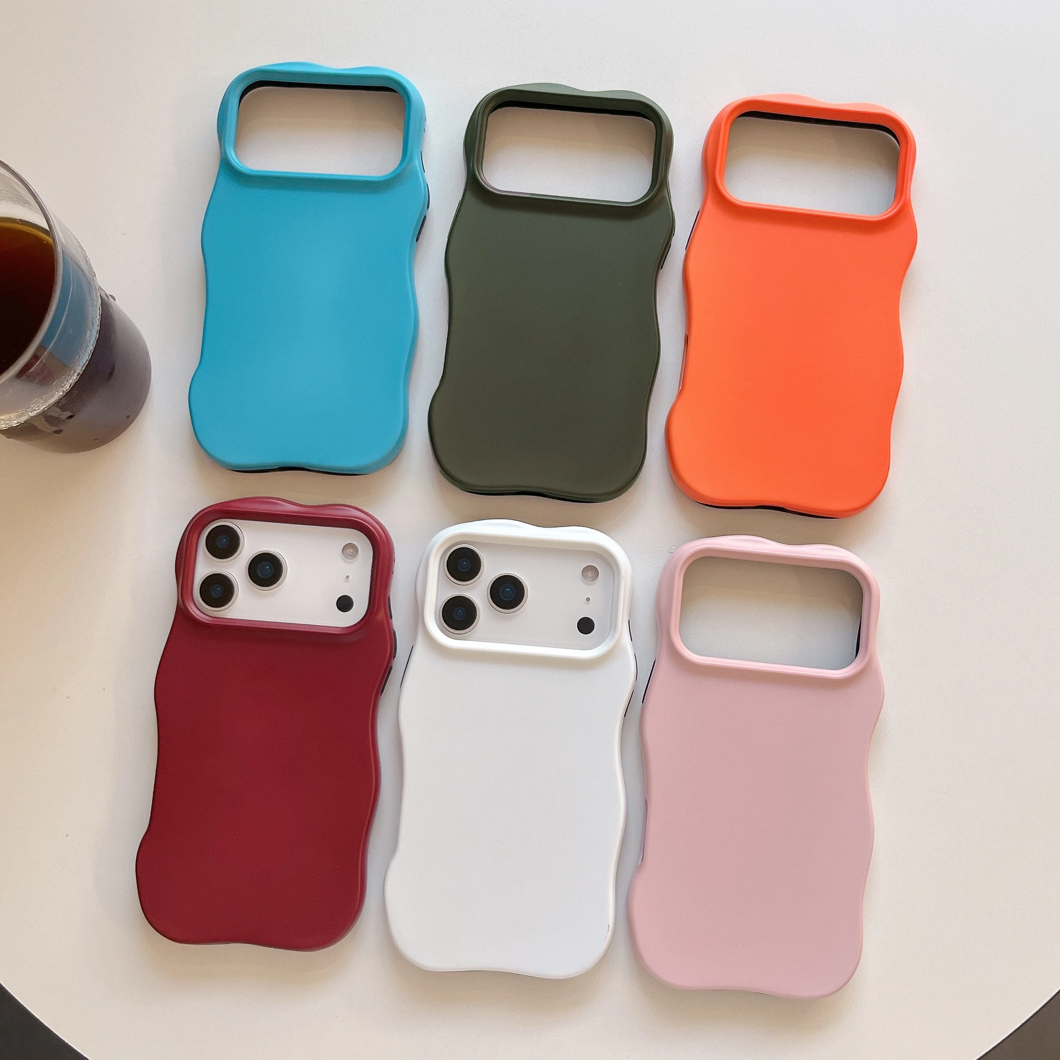 

Solid Color TPU+PC Hard Phone Case for iPhone Air 13 14 15 16 17 Pro Max Wave Edges Simple Plain Shockproof Cover