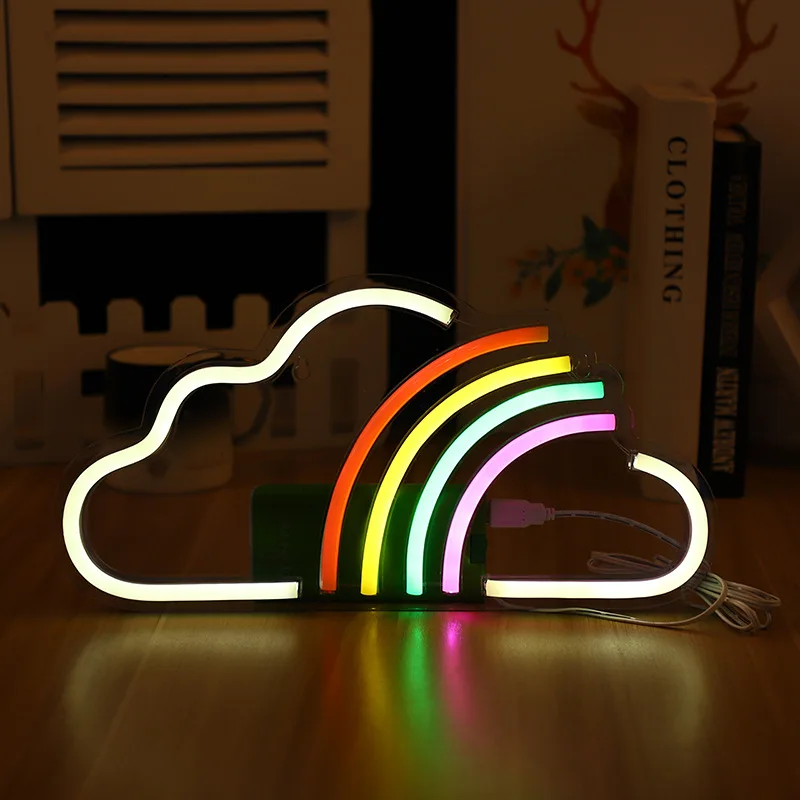 USB LED Rainbow Clouds Shaped Neon Sign Wall Hanging Art for Room Decor Bedroom Party Shop Christmas Brithday Club Gift