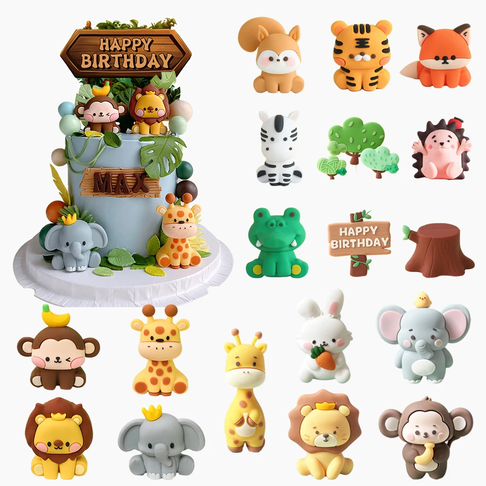 Jungle Wildlife Cake Topper Kids 1st Birthday 100 Days Party Cake Decoration Zoo Animals Lion Elephant Giraffe Baby Shower Decor