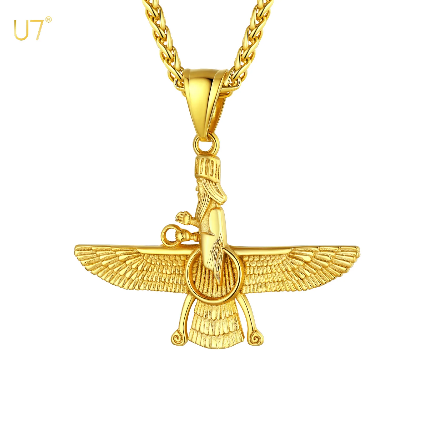 U7 Stainless Steel Iranian Vintage Faravahar Necklace Fravashi Size L S Spiritual Power Ancient Persia Symbol Unisex Jewelry