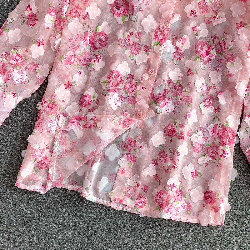 Nuove donne primavera estate dolce gonna floreale rosa abiti Patch disegni camicia in Chiffon a maniche lunghe e pantaloncini a gamba larga Set a