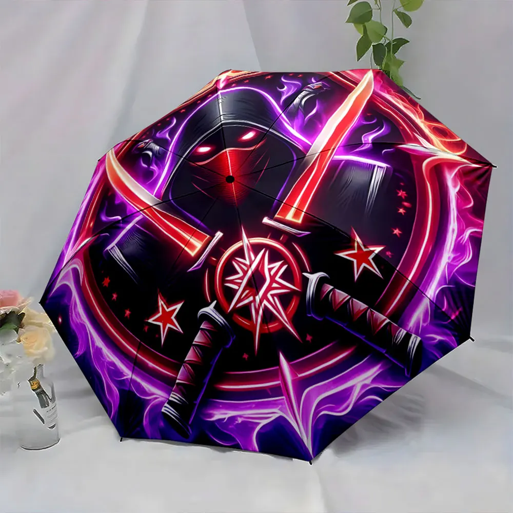 1PC Mystical Sword-Wielding Hooded Figure Umbrella Design Print 8 Iron Ribs Folding Umbrella Auto-Open Fashion Sunshade