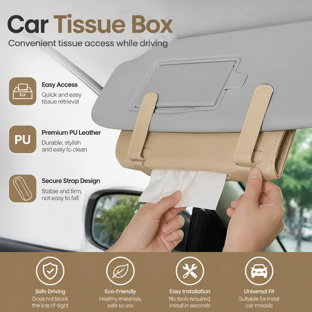 Kcimo Clip‑on Car Sun Visor Tissue Holder 1Pc Space‑Saving Paper Towel Storage Box For Sedan SUV Auto Interior Accessories