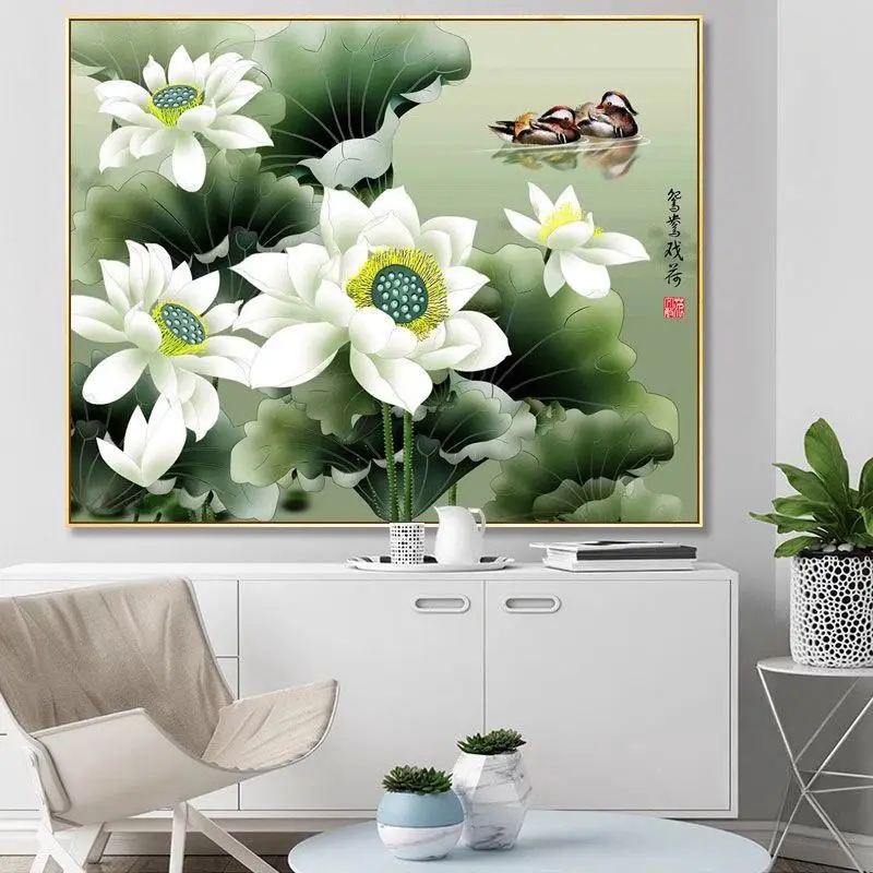 

Yuanyang Xihe Pure Handmade Cross Embroidery Finished Product Living Room Bedroom White Lotus Wedding Celebration Couple New